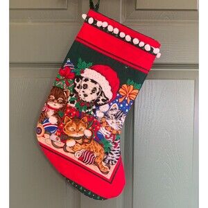 Handmade Christmas Stocking Puppies and Kittens with Poms Cute Cozy Red 16 Inch